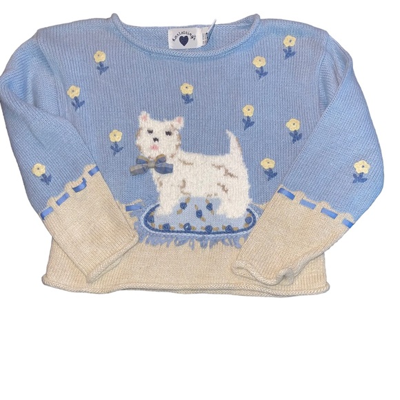 Hartstrings Other - Hartstrings Girls Sweater Knit Doggie Blue Cream Soft Warm Size 5/6 Cotton Blend